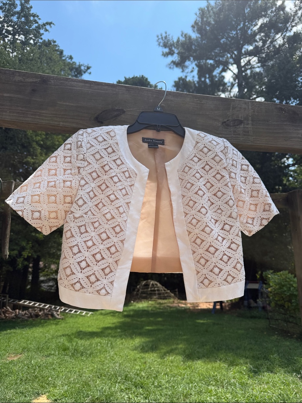 Jessica Howard White Lace Short Sleeve Open-Front Jacket